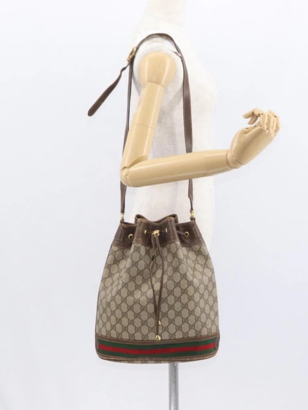 GUCCI GG Supreme Web Sherry Line Bag PVC Beige Red 41 02 085 Auth 156905